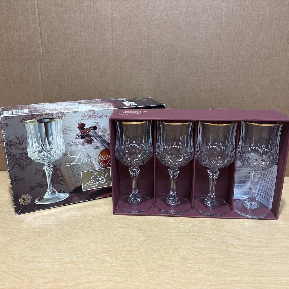 Vintage Longchamp Gold Rim Cristal D'Arques Water Wine Glass 7.5 Oz Set of 4
